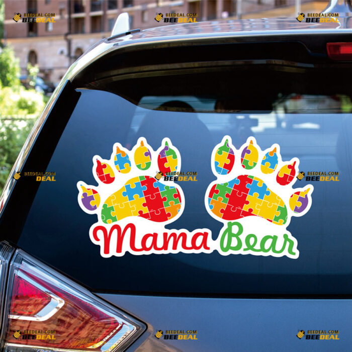 Autism Awareness Sticker Decal Vinyl Mama Bear, Paw Prints Puzzle Piece – Custom, Choose Size, Reflective or Glossy