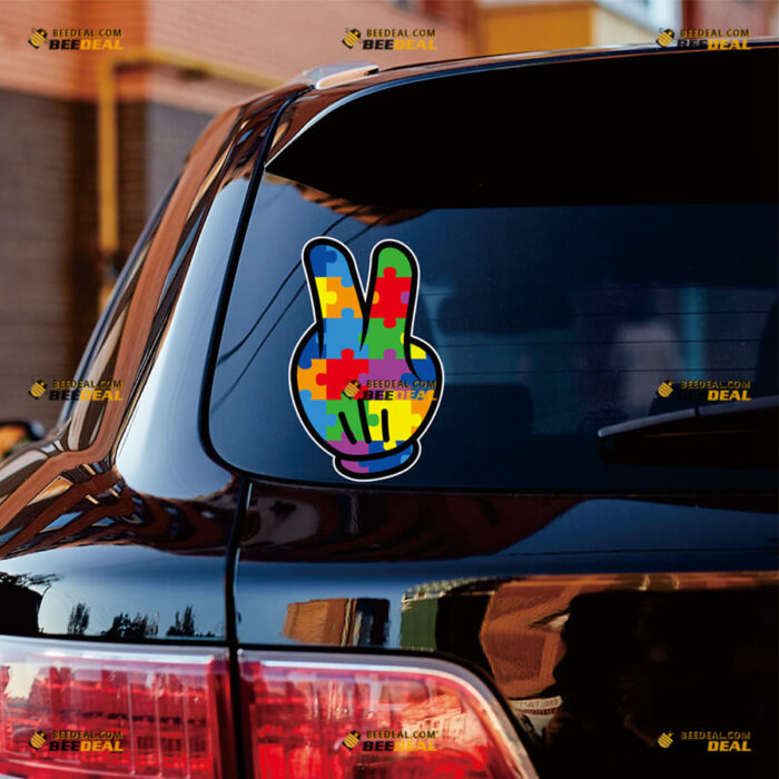 Autism Awareness Sticker Decal Vinyl Peace Hand, Puzzle Piece – Custom, Choose Size, Reflective or Glossy