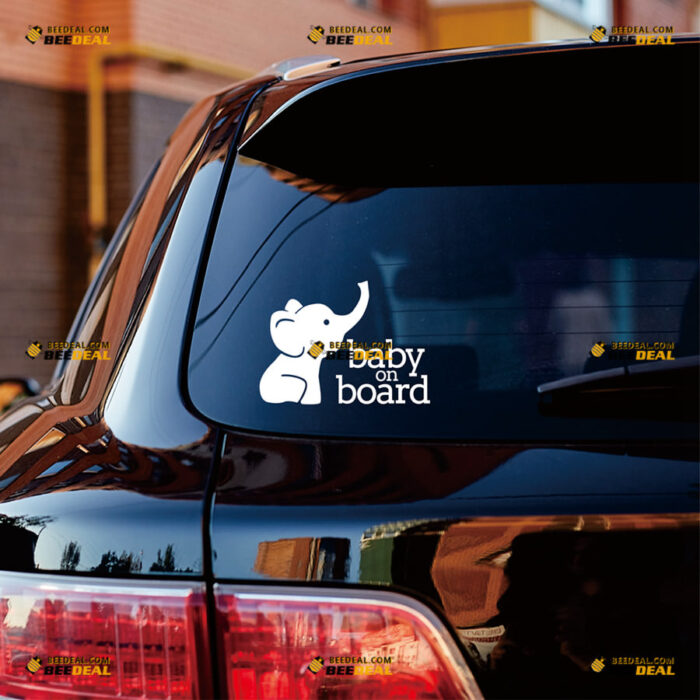 Baby On Board Sticker Decal Vinyl In Car Cute Baby Elephant – For Car Truck Bumper Window – Custom, Choose Size Color – Die Cut No Background