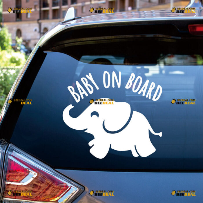 Baby On Board Sticker Decal Vinyl In Car Cute Elephant – For Car Truck Bumper Window – Custom, Choose Size Color – Die Cut No Background