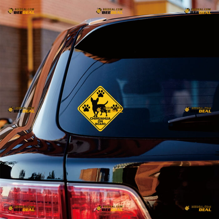 Chihuahua Dog On Board Sticker Decal Vinyl Paw Print Yellow Rhombus – For Car Truck Bumper Window – Custom, Choose Size, Reflective or Glossy