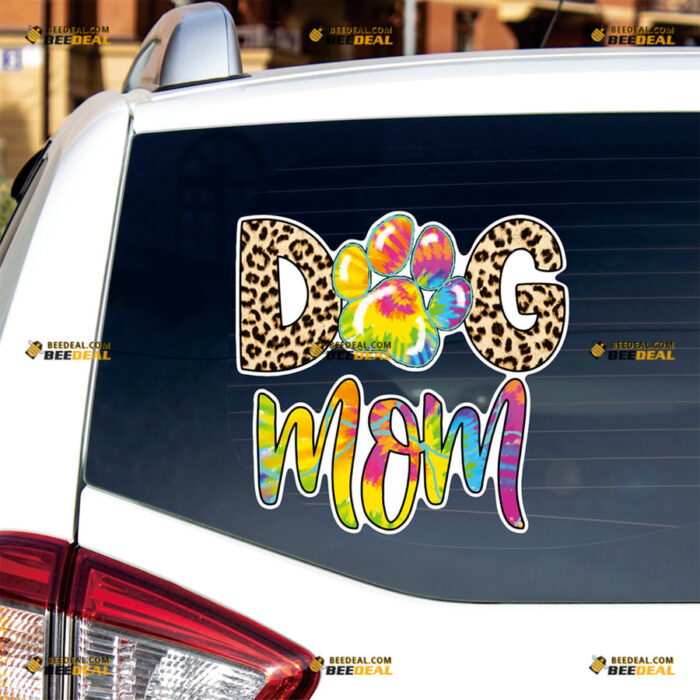 Dog Mom Paw Print Sticker Decal Vinyl Colorful, Leopard Print Cursive – For Car Truck Bumper Bike Laptop – Custom, Choose Size, Reflective or Glossy