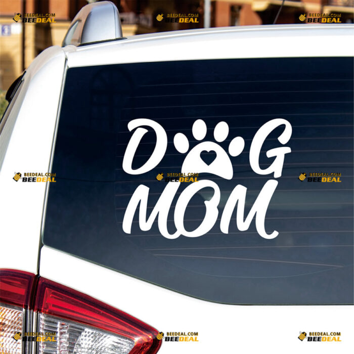 Dog Mom Sticker Decal Vinyl Paw Print Heart Love Cursive – For Car Truck Bumper Bike Laptop – Custom, Choose Size Color – Die Cut No Background