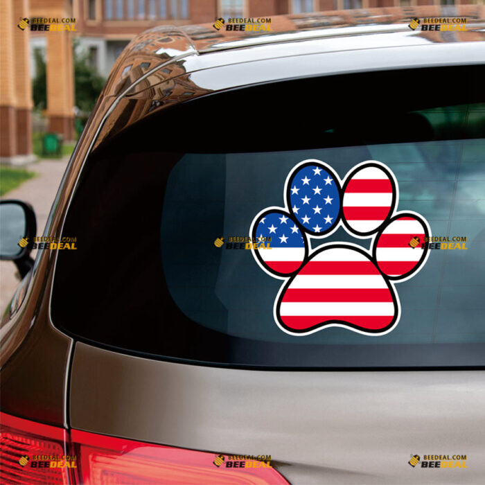 Dog Paw Print Sticker Decal Vinyl American USA Flag – For Car Truck Bumper Bike Laptop – Custom, Choose Size, Reflective or Glossy