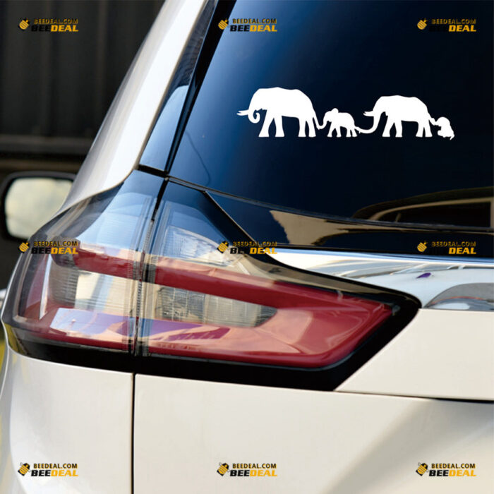 Elephant Family Sticker Decal Vinyl Baby Elephants Holding Tail – For Car Truck Bumper Bike Laptop – Custom, Choose Size Color – Die Cut No Background