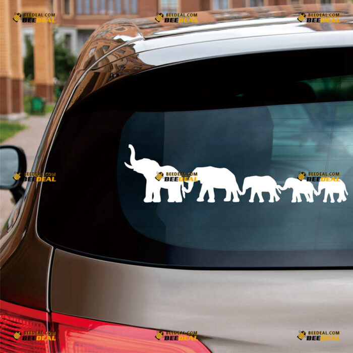 Elephant Stick Family Sticker Decal Vinyl Holding Tails – For Car Truck Bumper Bike Laptop – Custom, Choose Size Color – Die Cut No Background