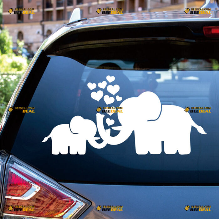 Elephant Sticker Decal Vinyl Mama Love Baby, Spraying Heart – For Car Truck Bumper Bike Laptop – Custom, Choose Size Color – Die Cut No Background