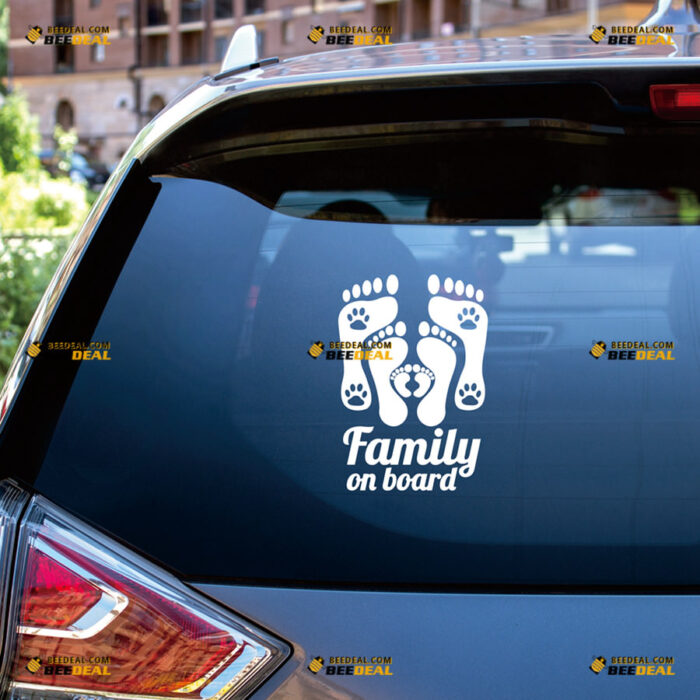 Family On Board Sticker Decal Vinyl Father Mother Child, Dog Cat Paw Feet Print – For Car Truck Bumper Window – Custom, Choose Size Color – Die Cut No Background