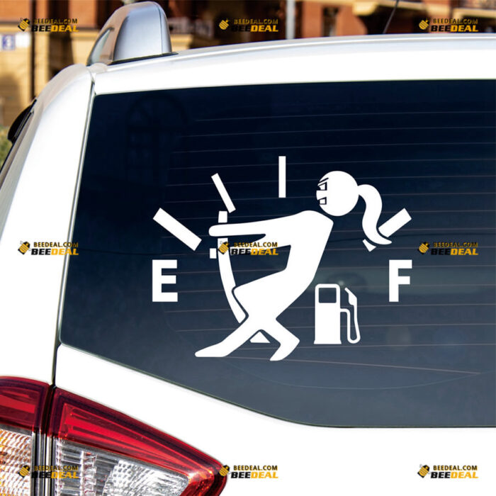 Gas Gauge Empty Sticker Decal Vinyl Girl Driver Pulling, High Gas Consumption, Fuel Funny – For Car Truck Bumper Window – Custom, Choose Size Color – Die Cut No Background