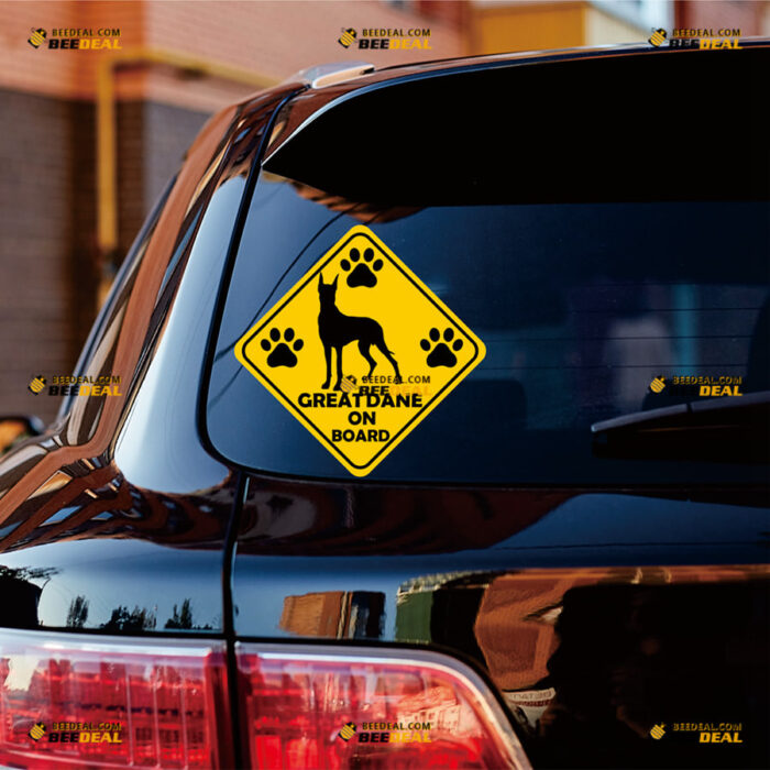 Great Dane Dog On Board Sticker Decal Vinyl Paw Print Yellow Rhombus – For Car Truck Bumper Window – Custom, Choose Size, Reflective or Glossy