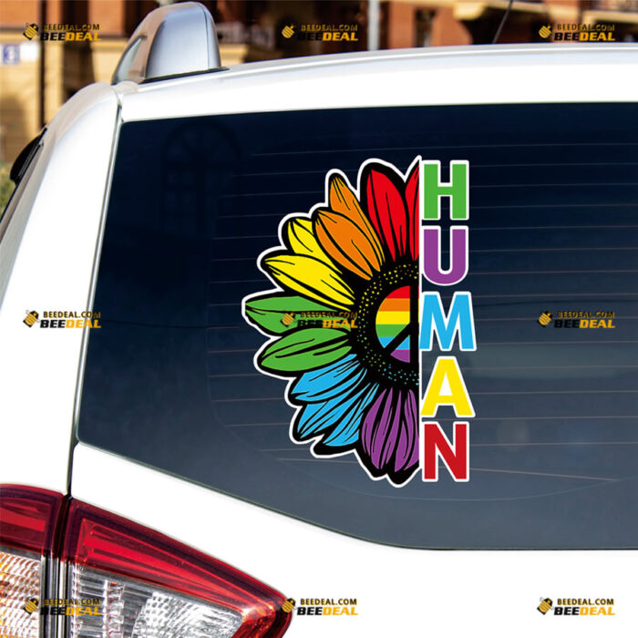 HUMAN Sunflower Sticker Decal Vinyl LGBT Flag Gay Pride, LGBTQ Peace Sign – For Car Truck Bumper Bike Laptop – Custom, Choose Size, Reflective or Glossy