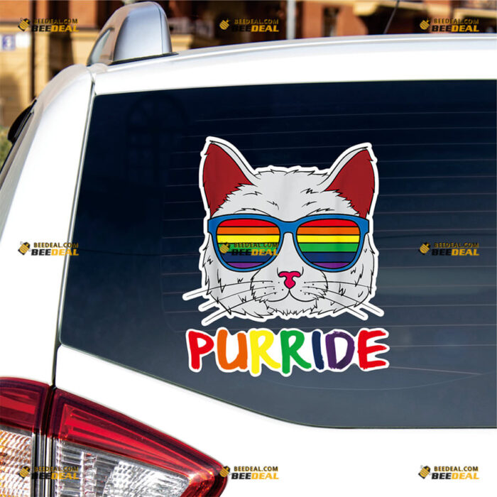 LGBT Rainbow Purride Sticker Decal Vinyl Cat with Glasses – For Car Truck Bumper Bike Laptop – Custom, Choose Size, Reflective or Glossy