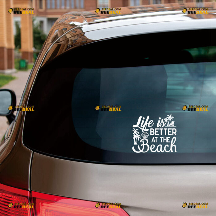 Life Is Better At The Beach Sticker Decal Vinyl Palm Tree, Shell Beach Chair – For Car Truck Bumper Bike Laptop – Custom, Choose Size Color – Die Cut No Background 82531511