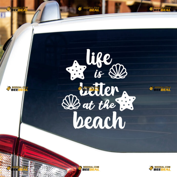 Life Is Better At the Beach Sticker Decal Vinyl Palm Tree, Hawaii Life, Shell Starfish – For Car Truck Bumper Bike Laptop – Custom, Choose Size Color – Die Cut No Background