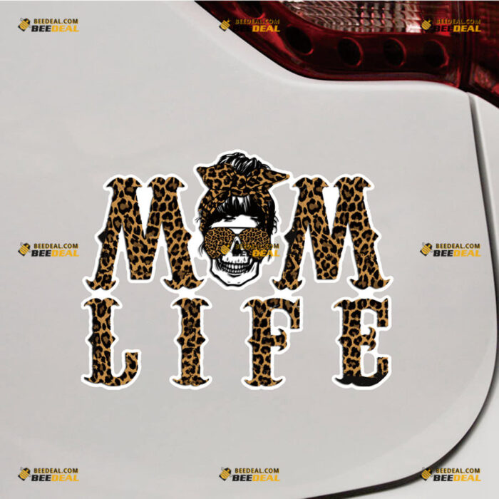 Mom Life Skull Sticker Decal Vinyl Brown, Leopard Glasses – For Car Truck Bumper Bike Laptop – Custom, Choose Size, Reflective or Glossy