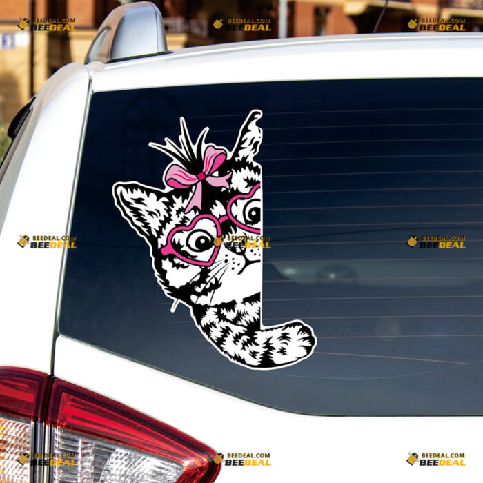 Peeking Cat Face Sticker Decal Vinyl With Pink Ribbon Heart Glasses, Black Side Car Rear Windshield Window – For Car Truck Bumper Bike Laptop 81031358