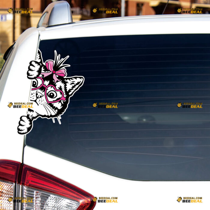 Peeking Cat Face Sticker Decal Vinyl With Pink Ribbon Heart Glasses, Black Side Car Rear Windshield Window – For Car Truck Bumper Bike Laptop 81031359