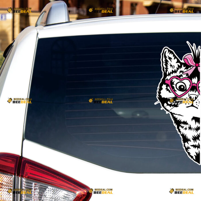 Peeking Cat Face Sticker Decal Vinyl With Pink Ribbon Heart Glasses, Black Side Car Rear Windshield Window – For Car Truck Bumper Bike Laptop 81031357