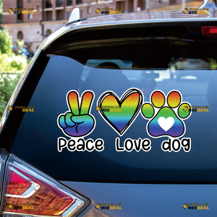 Peace Love Dog Sticker Decal Vinyl Hand Sign, Love Heart Paw Print, Rainbow – For Car Truck Bumper Bike Laptop – Custom, Choose Size, Reflective or Glossy