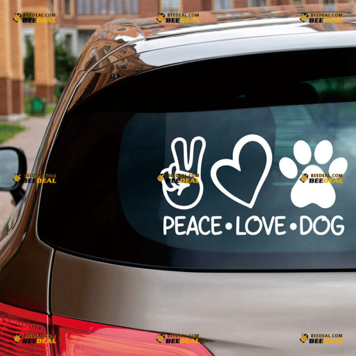 Peace Love Dog Sticker Decal Vinyl Hand Sign, Love Heart, Paw Print – For Car Truck Bumper Bike Laptop – Custom, Choose Size Color – Die Cut No Background 81831426