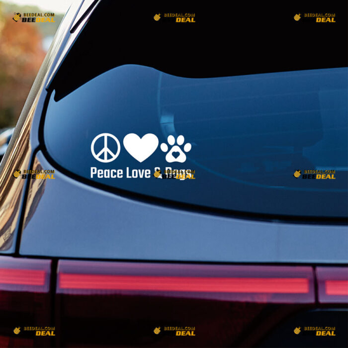 Peace Love Dogs Sticker Decal Vinyl Heart Paw Print – For Car Truck Bumper Bike Laptop – Custom, Choose Size Color – Die Cut No Background