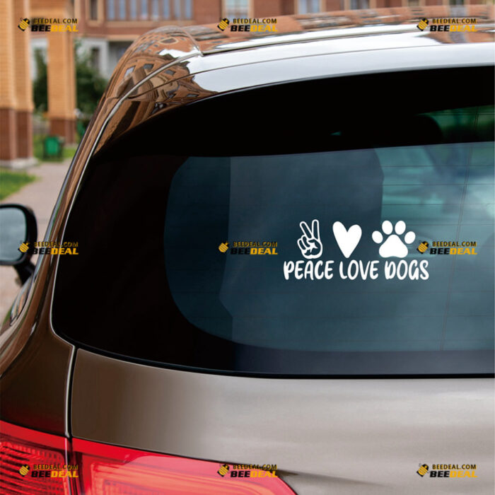 Peace Love Dogs Sticker Decal Vinyl Paw Print, Peace Hand, Heart – For Car Truck Bumper Bike Laptop – Custom, Choose Size Color – Die Cut No Background