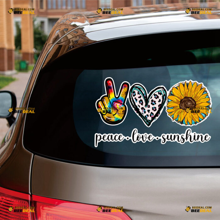 Peace Love Sunshine Sticker Decal Vinyl Hand Sign, Love Heart Pink Leopard, Sunflower Colorful – For Car Truck Bumper Bike Laptop – Custom, Choose Size, Reflective or Glossy