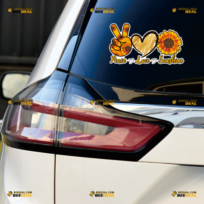 Peace Love Sunshine Sticker Decal Vinyl Hand Sign, Love Heart, Sunflower Leopard Yellow Orange – For Car Truck Bumper Bike Laptop – Custom, Choose Size, Reflective or Glossy