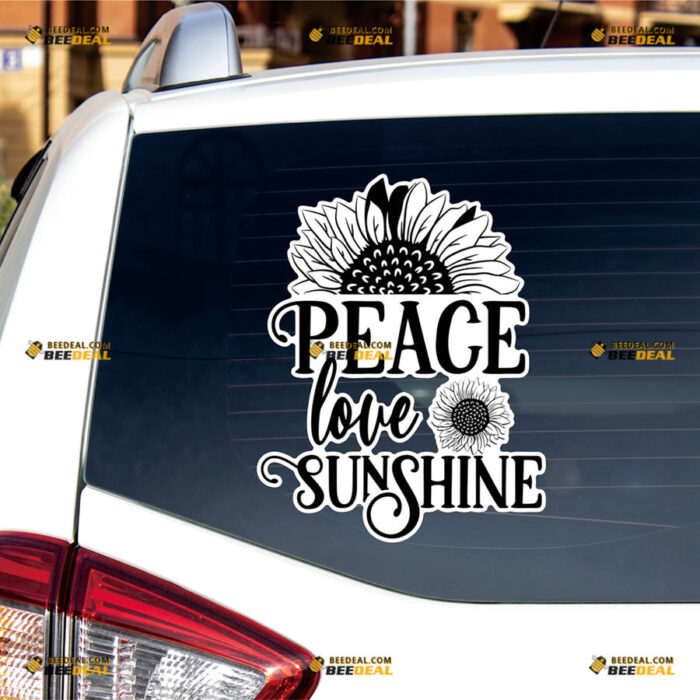 Peace Love Sunshine Sticker Decal Vinyl Sunflower Black – For Car Truck Bumper Bike Laptop – Custom, Choose Size, Reflective or Glossy