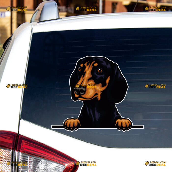 Black Dachshund Dog Peeking Sticker Decal Vinyl, Car Rear Windshield Window – For Car Truck Bumper Bike Laptop – Custom, Choose Size, Reflective or Glossy