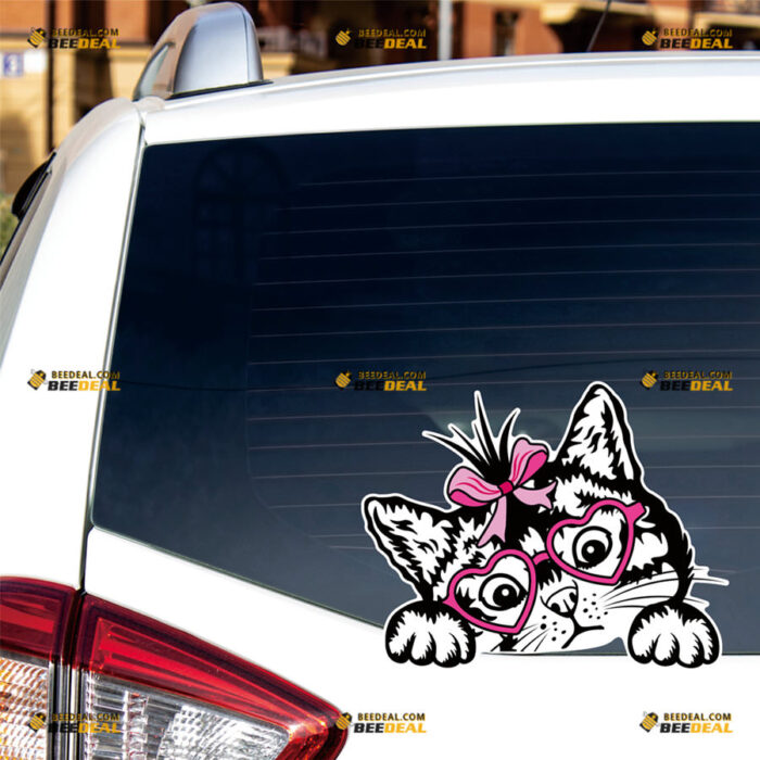 Peeking Cat Face Sticker Decal Vinyl With Pink Ribbon Heart Glasses, Black Car Rear Windshield Window – For Car Truck Bumper Bike Laptop – Custom, Choose Size, Reflective or Glossy 81031351