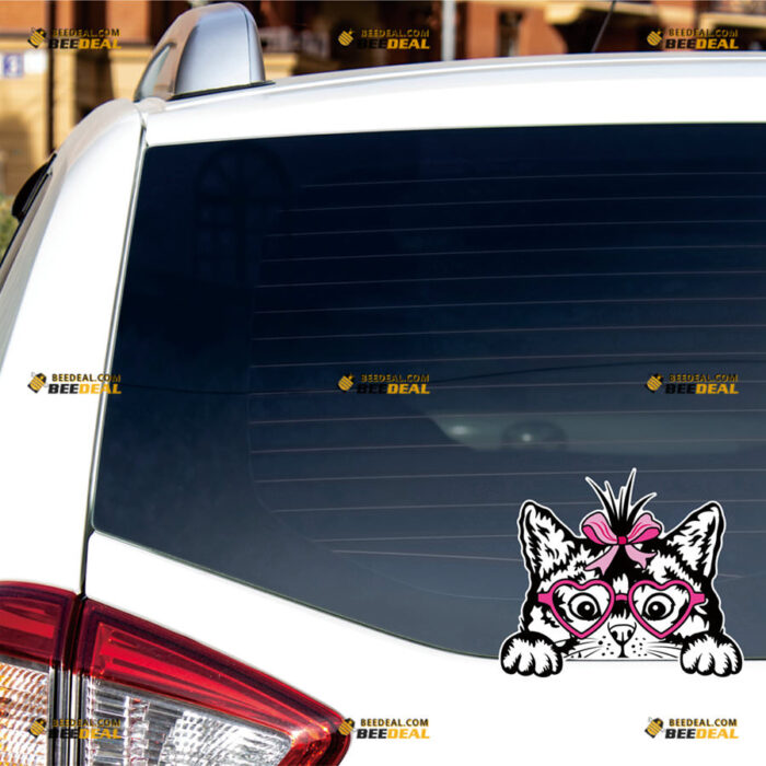 Peeking Cat Face Sticker Decal Vinyl With Pink Ribbon Heart Glasses, Black Car Rear Windshield Window – For Car Truck Bumper Bike Laptop – Custom, Choose Size 81031352