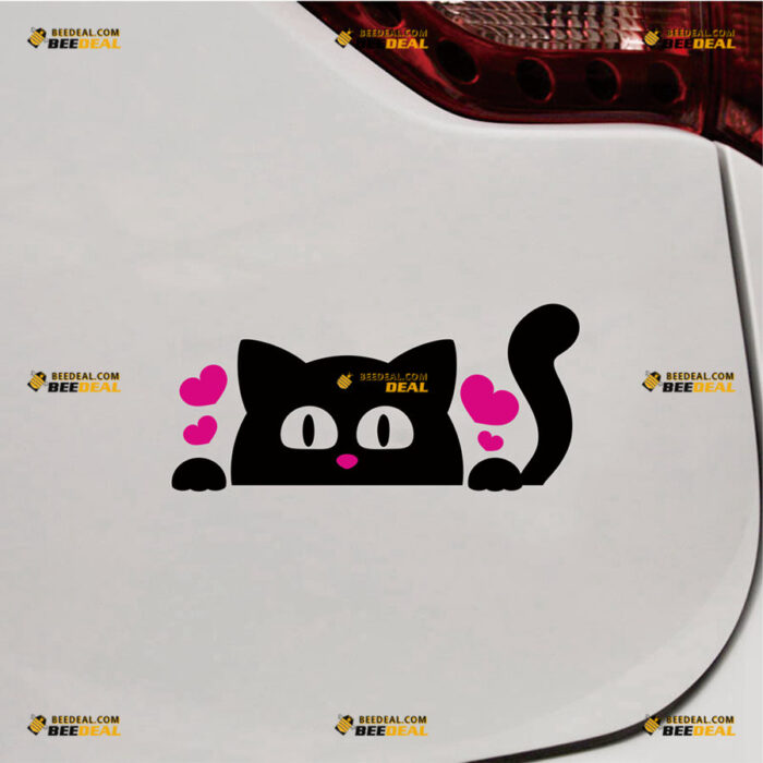 Peeking Cat Sticker Decal Vinyl Heart Tail, Car Rear Windshield Window – For Car Truck Bumper Window – Custom, Choose Size Color – Die Cut No Background