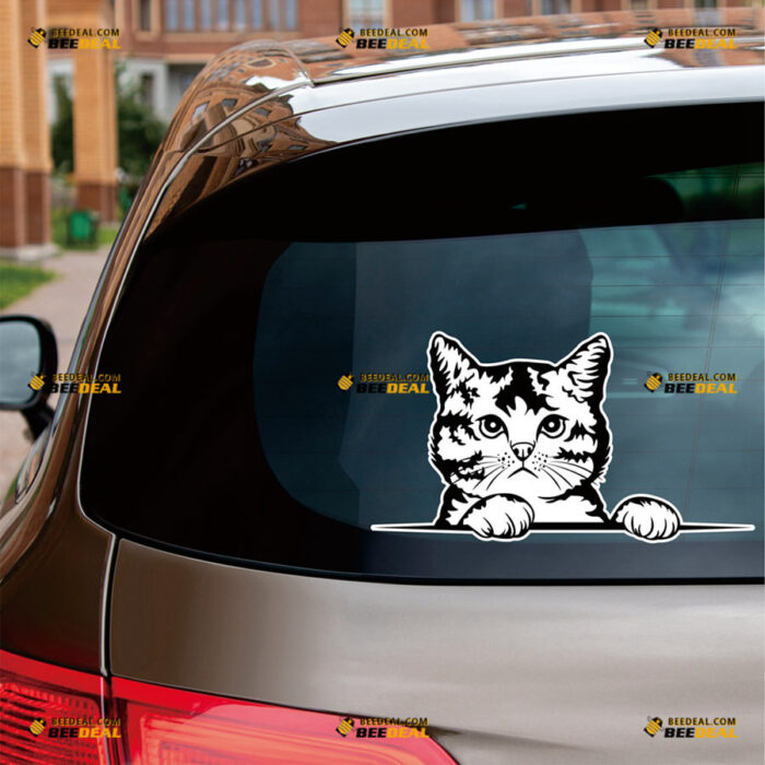 Peeking Cat Sticker Decal Vinyl Kitten Black, Car Rear Windshield Window – For Car Truck Bumper Bike Laptop – Custom, Choose Size, Reflective or Glossy