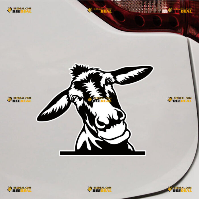 Peeking Donkey Sticker Decal Vinyl Tilted Head, Farm Animals Car Rear Windshield – For Car Truck Bumper Bike Laptop – Custom, Choose Size, Reflective or Glossy