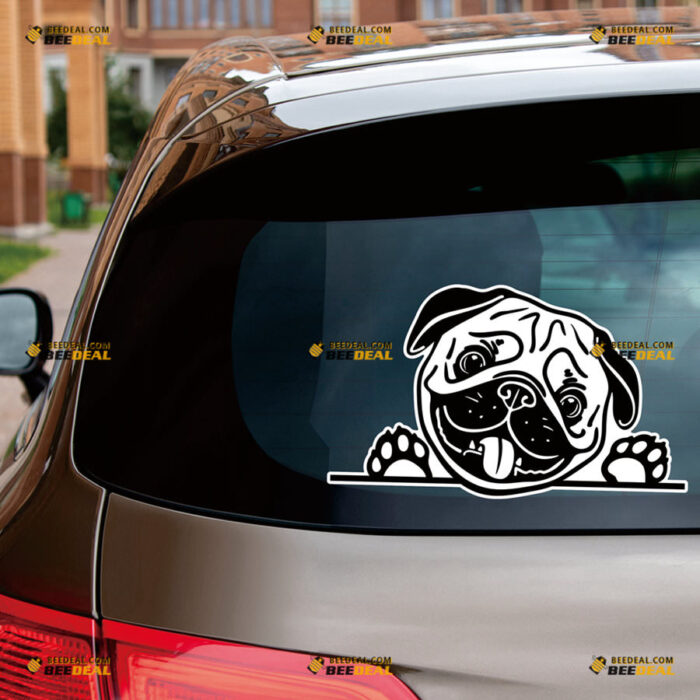 Peeking Pug Dog Sticker Decal Vinyl Tilted Head, Car Truck Rear Windshield – For Car Truck Bumper Bike Laptop – Custom, Choose Size, Reflective or Glossy