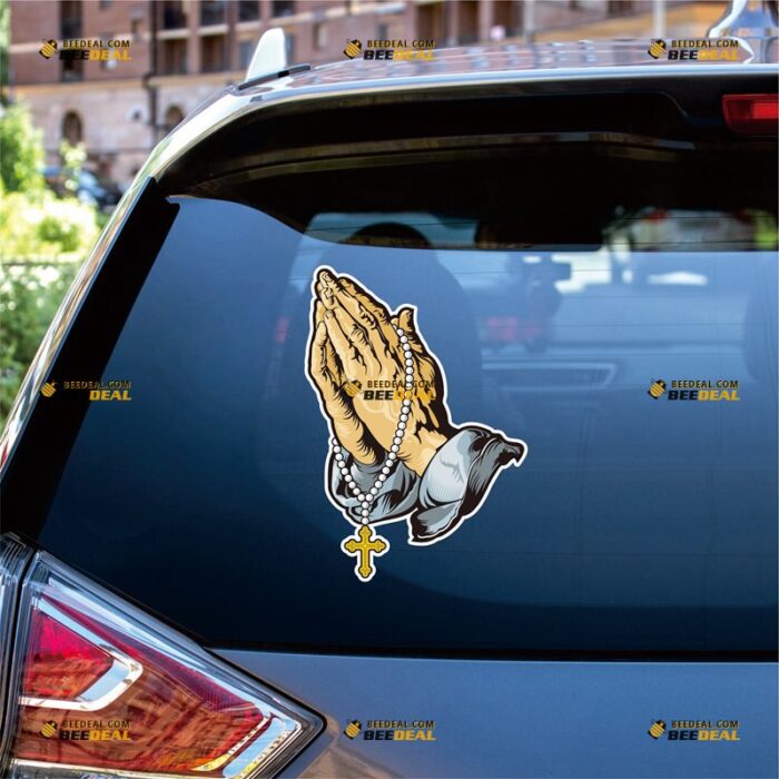 Praying Hands Sticker Decal Vinyl Jesus Cross Rosary – For Car Truck Bumper Bike Laptop – Custom, Choose Size, Reflective or Glossy 8132049