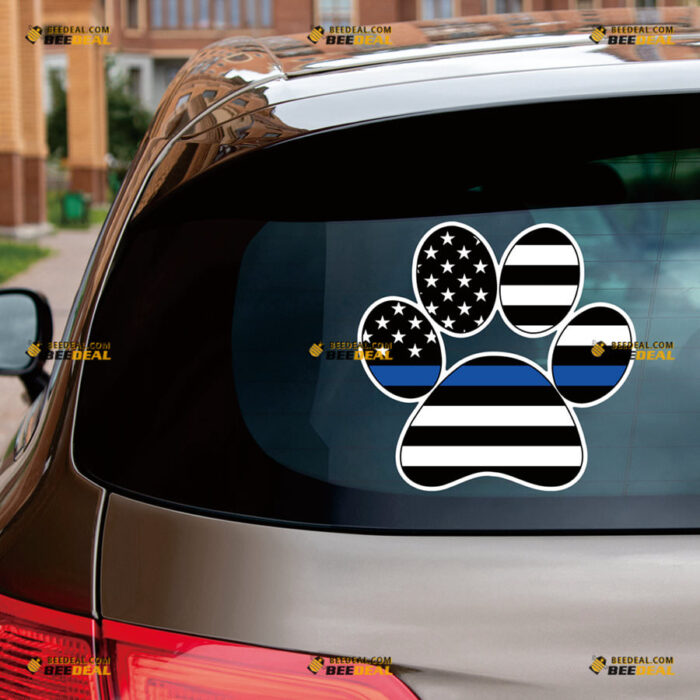 Thin Blue Line Sticker Decal Vinyl K9 Dog Paw Print, American Flag, Police Horizontal – For Car Truck Bumper Bike Laptop – Custom, Choose Size, Reflective or Glossy