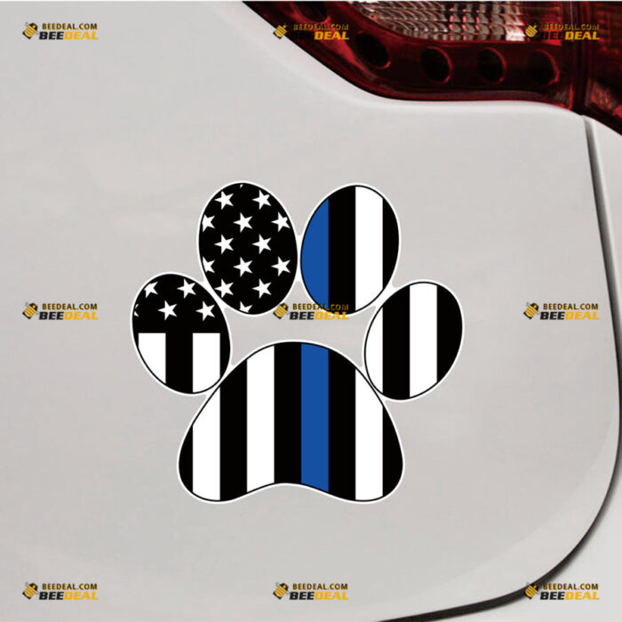 Thin Blue Line Sticker Decal Vinyl K9 Dog Paw Print, American Flag, Police, Vertical – For Car Truck Bumper Bike Laptop – Custom, Choose Size, Reflective or Glossy