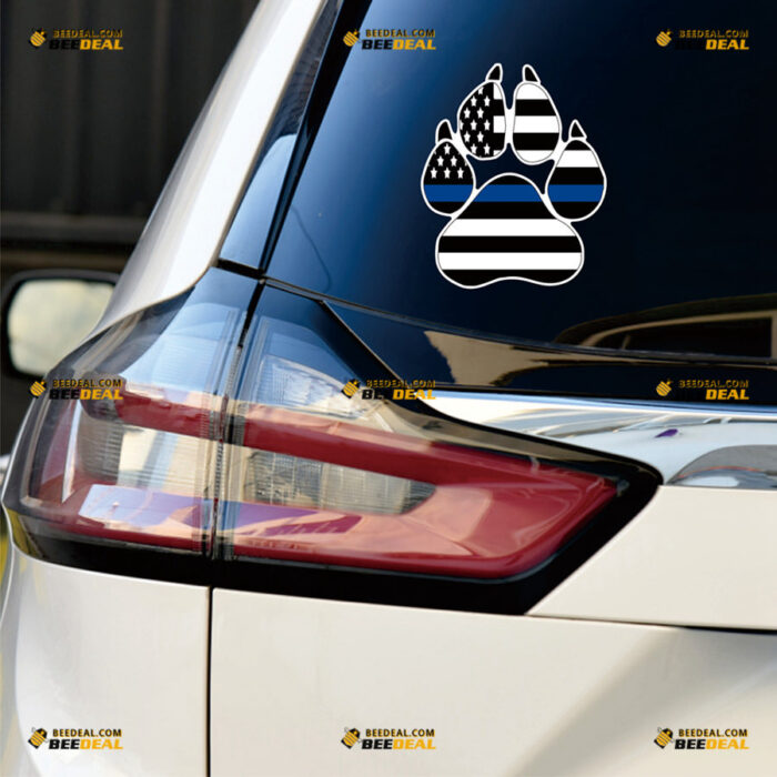 Thin Blue Line Sticker Decal Vinyl Police Dog K9 Paw Print, American Flag – For Car Truck Bumper Bike Laptop – Custom, Choose Size, Reflective or Glossy