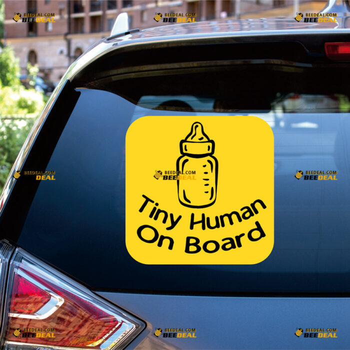 Tiny Human On Board Sticker Decal Vinyl Child Baby Kid, Yellow Feeding Bottle – For Car Truck Bumper Window – Custom, Choose Size, Reflective or Glossy