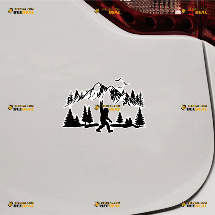 Bigfoot Sasquatch Pine Tree Sticker Decal Vinyl Forest Mountain Rock Hand Field – For Car Truck Bumper Bike Laptop – Custom, Choose Size, Reflective or Glossy