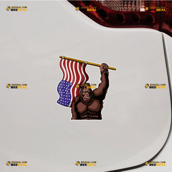 Bigfoot Sasquatch Sticker Decal Vinyl Holding American Flag Patriotic – For Car Truck Bumper Bike Laptop – Custom, Choose Size, Reflective or Glossy