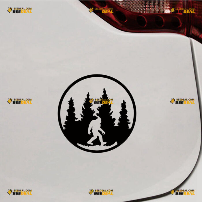 Bigfoot Sasquatch Sticker Decal Vinyl Pine Tree Forest Woods, Circle – For Car Truck Bumper Bike Laptop – Custom, Choose Size Color – Die Cut No Background