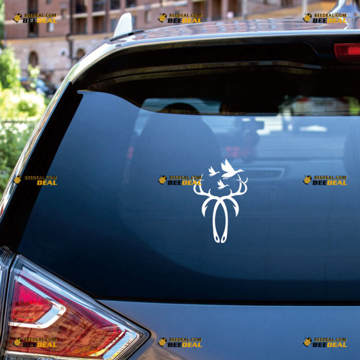 Crossed Deer Horns Sticker Decal Vinyl Fishing Hooks Flying Ducks Hunting Life Hunter – For Car Truck Bumper Bike Laptop – Custom, Choose Size Color – Die Cut No Background