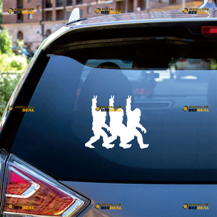 Three Bigfoot Sasquatches Sticker Decal Vinyl Walking Peace Hand – For Car Truck Bumper Bike Laptop – Custom, Choose Size Color – Die Cut No Background