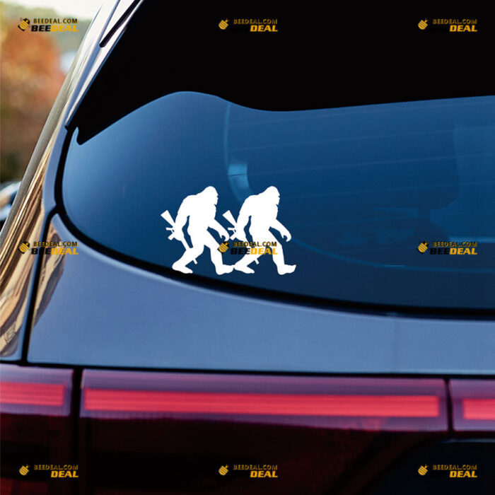 Two Bigfoot Sasquatches Sticker Decal Vinyl Carrying Gun Rifle Walking – For Car Truck Bumper Bike Laptop – Custom, Choose Size Color – Die Cut No Background