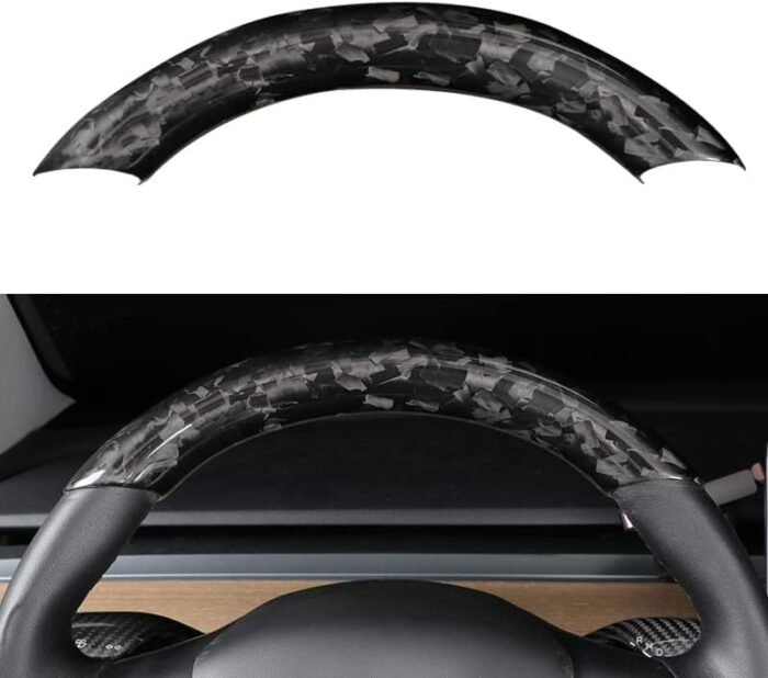 JSWAN Carbon Fiber Steering Wheel Embedded Cover for Tesla Model 3/Y Interior Modification Steering Wheel Panel Sticker Caps (Bright Forging 2 pcs)