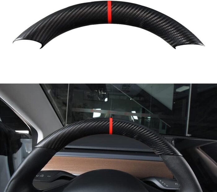 JSWAN Carbon Fiber Steering Wheel Embedded Cover for Tesla Model 3/Y Accessories Interior Modification Steering Wheel Panel Sticker (Bright Black Lower Part)