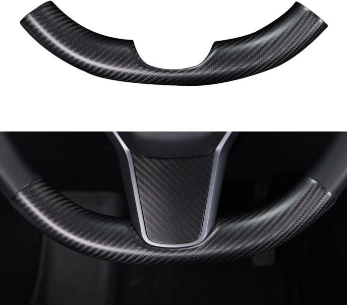 JSWAN Carbon Fiber Steering Wheel Embedded Cover for Tesla Model 3/Y Accessories Interior Modification Steering Wheel Panel Sticker (Bright Black Lower Part)